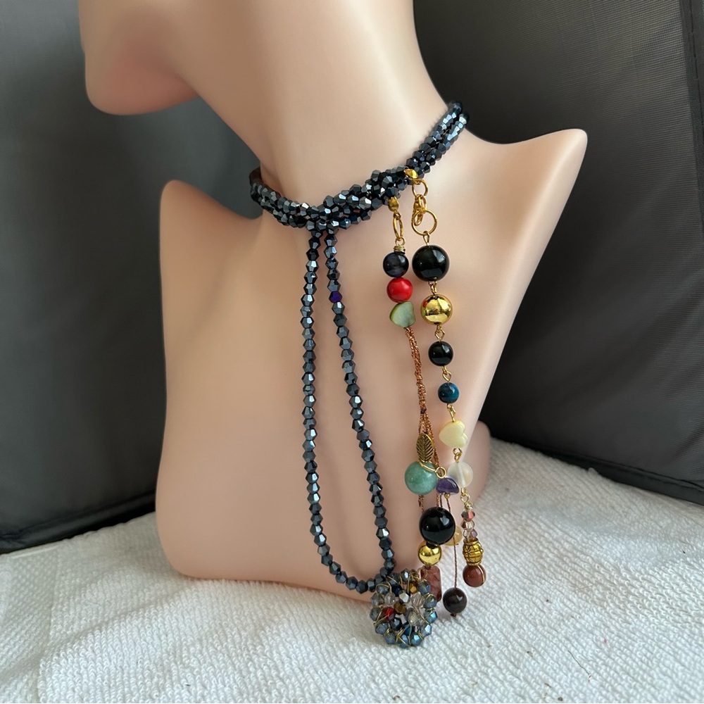 Hand Crafted. Long open crystal and agate multi form wearing necklace. New